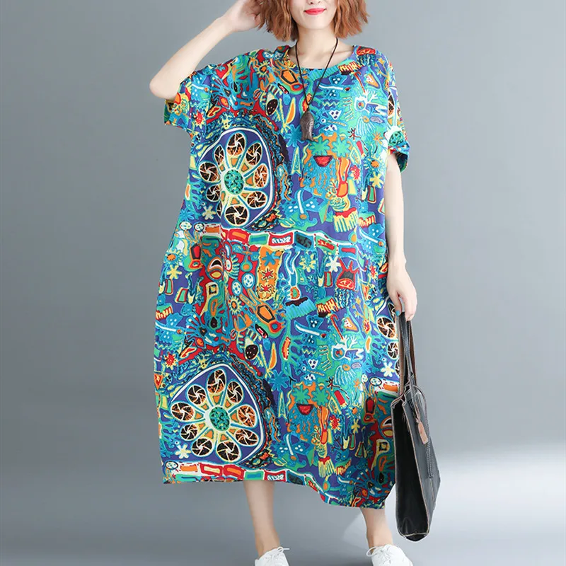 Super loose printed women dress casual summer cotton linen maxi long dresses plus size sexy robe beach clothes | Женская одежда
