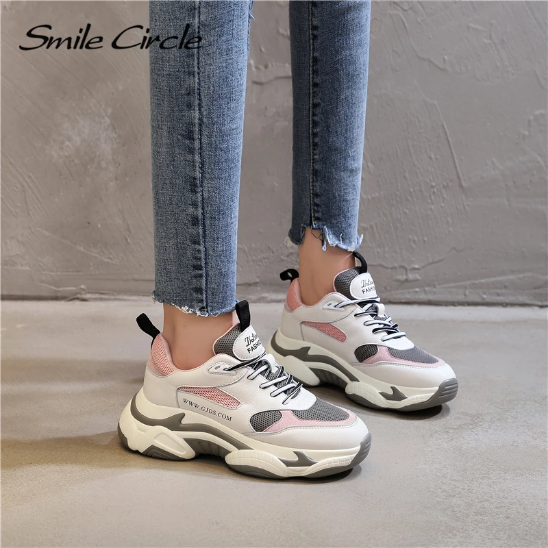 Женские кроссовки со шнуровкой Smile Circle розовые повседневные на массивной плоской