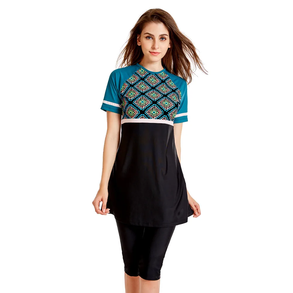 

Hot Modest Bathing Suit 2019 Muslim Women Modest Swimwear Patchwork Full Cover Short Sleeve Islamic Hijab Islam WearA0410