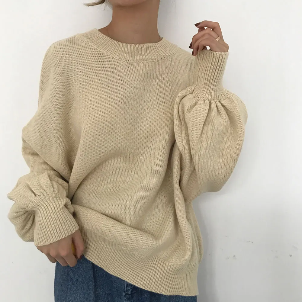 Korean Style Women Pullovers Sweater 2017 Winter New Retro Lantern Sleeves Loose Solid Color Round Neck Wild Knit Tops | Женская одежда