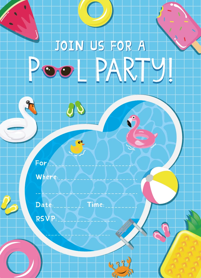 Swimming Pool Birthday Party Invitations Cards Summer Wedding Baby Shower Cartoon Invitations Kids Party Favors Decorations
