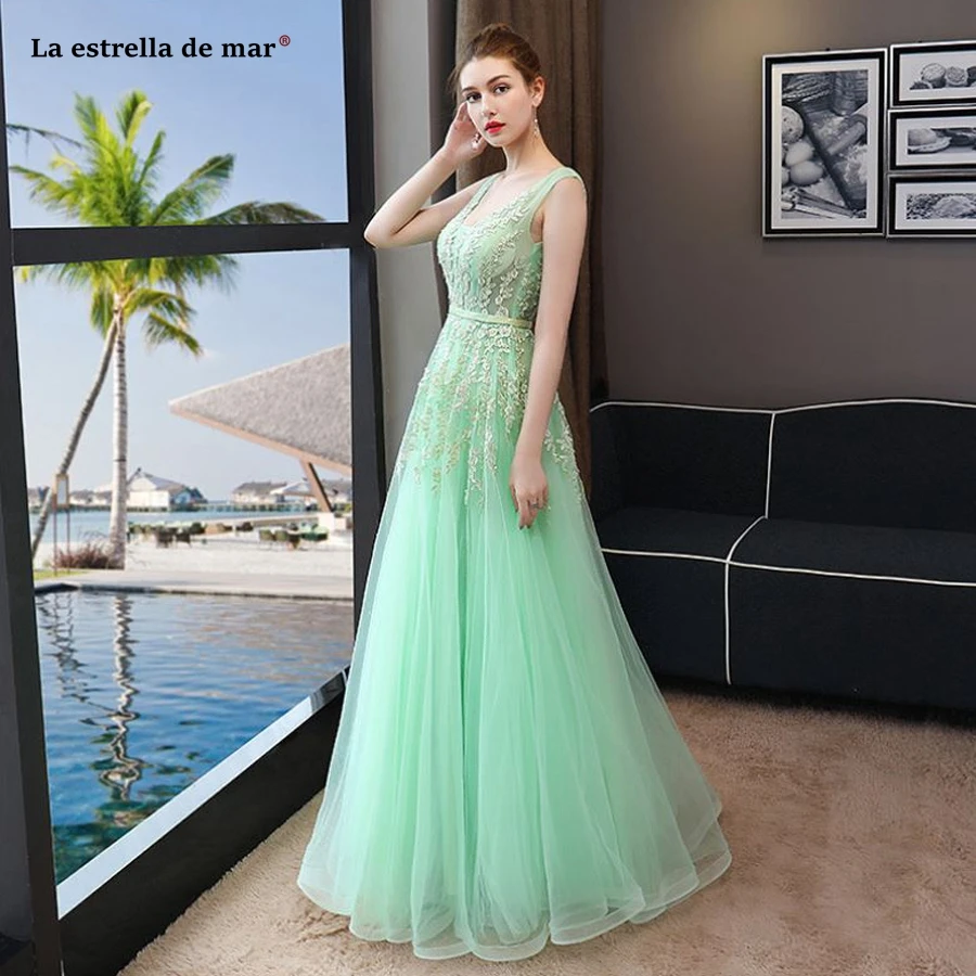 Vestidos de festa vestido longo para casamento2018 новые кружевные сексуальные с v-образным вырезом сзади открытые линии Мятные зеленые платья для подружки невесты дешево