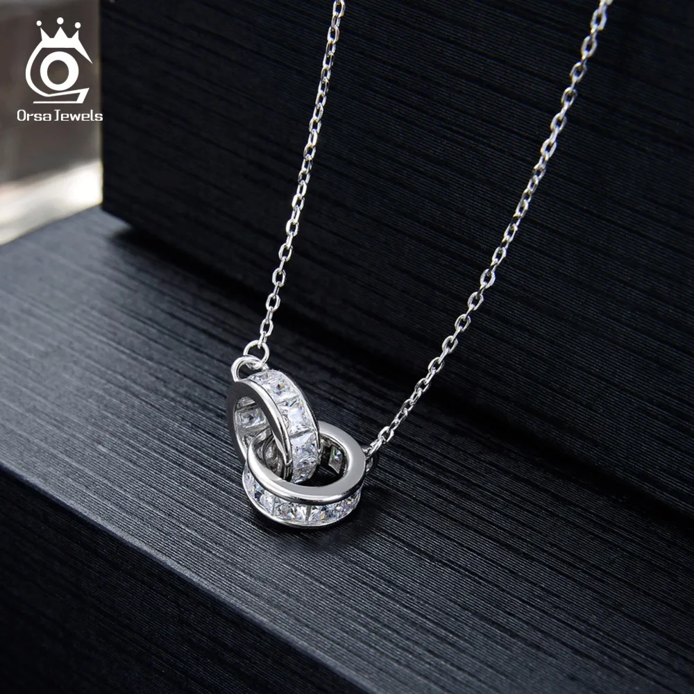 ORSA JEWELS настоящие 925 женские двойные круглые подвески, ожерелья из стерлингового серебра, двойные AAA CZ Стильные женские ювелирные изделия для вечеринки SN137