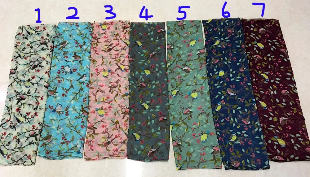 120 шт./лот Новое поступление 2017 модный весенний шарф с принтом птиц и ветвей шаль