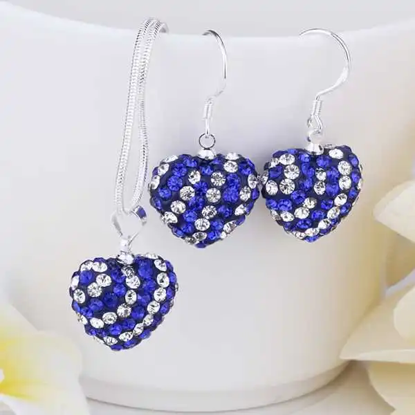 New Arrival!!Wholesale 925 Silver Jewelry Set Two Piece Heart Necklace&Earring Fashion Crystal Shamballa SBS085|jewelry chinese|jewelry made from