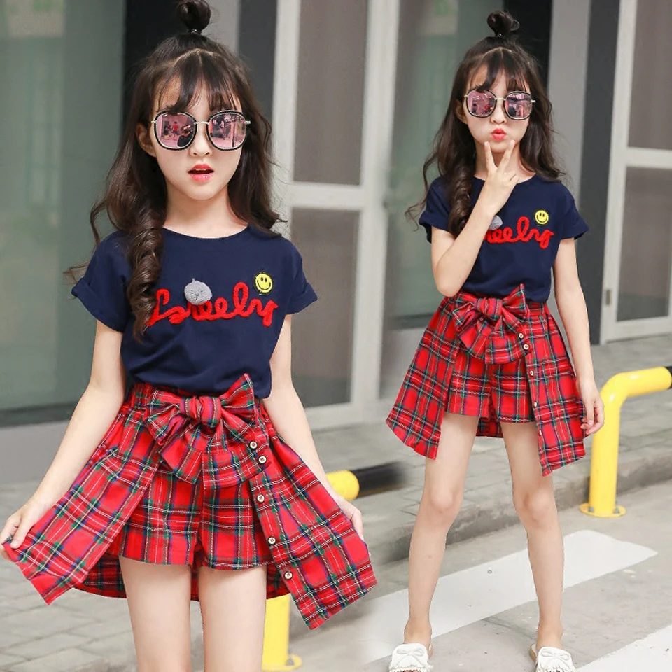 Girls Clothing Sets Shorts T-shirt+Plaid Bow Skirts 2Pcs for Kids Baby Clothes | Детская одежда и обувь