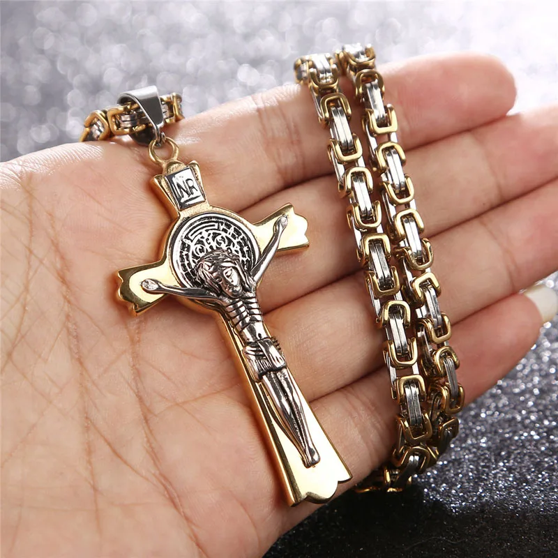 Necklace Нержавеющая сталь Святого католика Бенедикт Распятие Сан Бенедикто St ожерелье с подвеской Бенедикт Распятие с 24 дюймовым византийским цепочкой - Окраска металла: Necklace