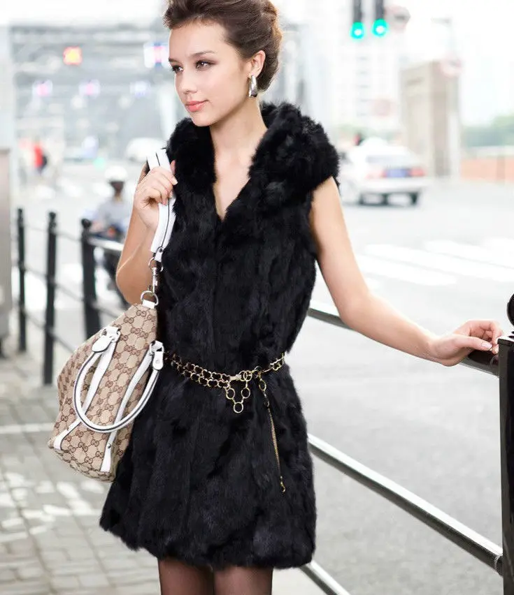 Lady Real Piece Rabbit Fur Vest Waistcoat Hooded Autumn Winter Women Outerwear Coats Female Gilet Plus Size 1024 | Женская одежда