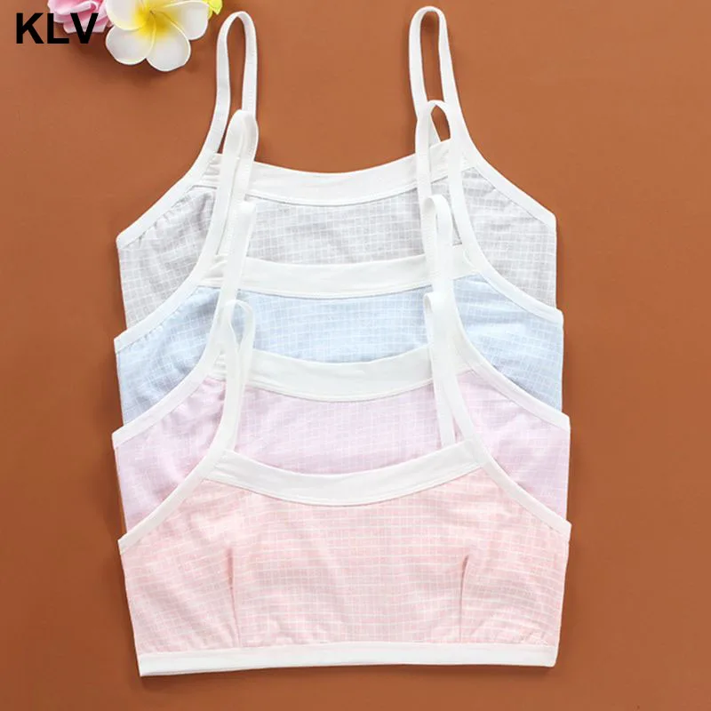 

Junior Girl Spaghetti Strap Sport Training Bra Contrast Color Plaid Print Underwear Double Layer Bralette Modal Breathable Vest