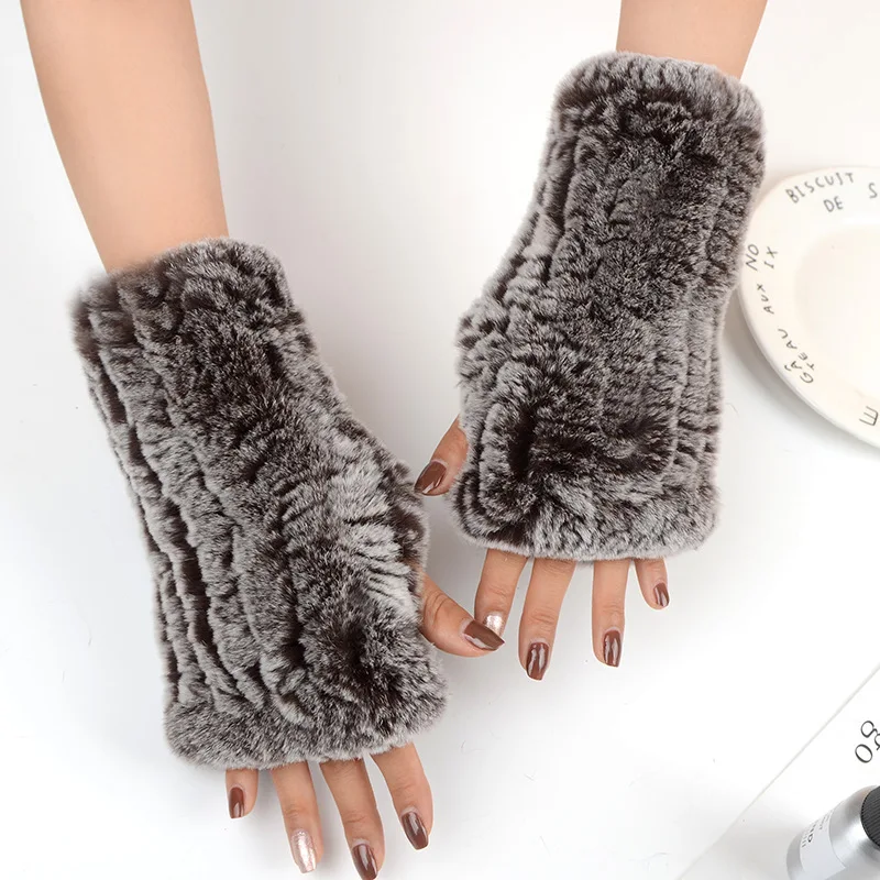 100% женские перчатки из натурального меха зимние теплые вязаные кроличьего
