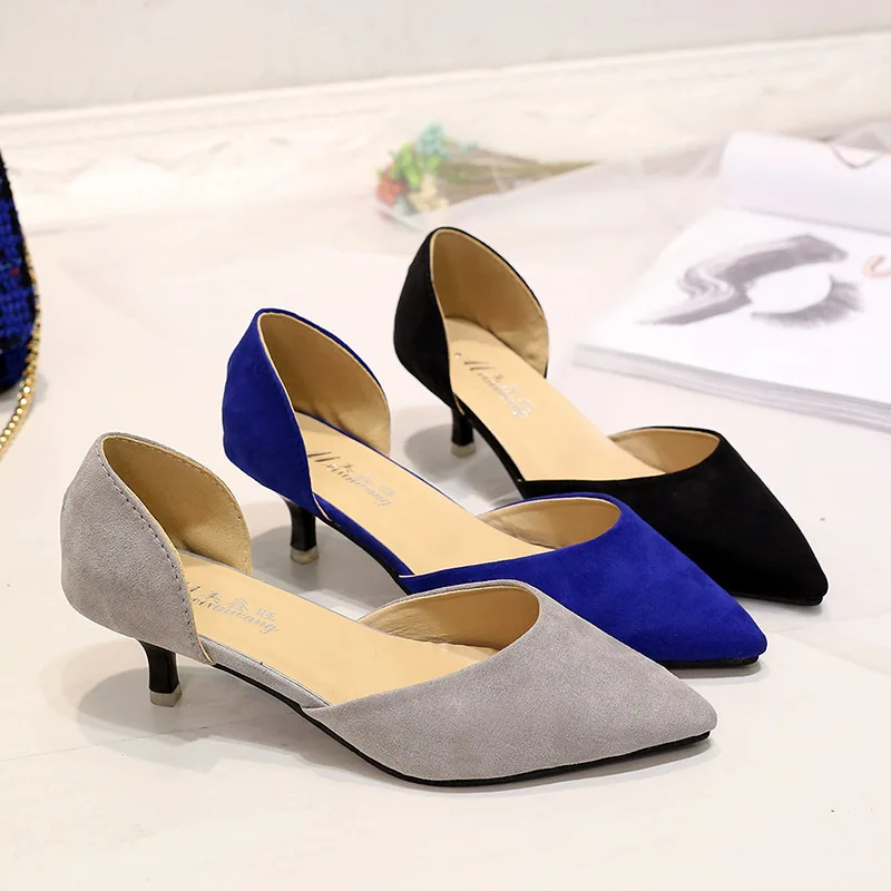 Женские туфли стилеты LISCN синие тонкие на высоком каблуке с острым носком низком