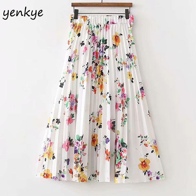 Boho летние юбки женские милые цветочные печатные юбка в складку Женская эластичная миди-юбка с высокой талией XDWM1288