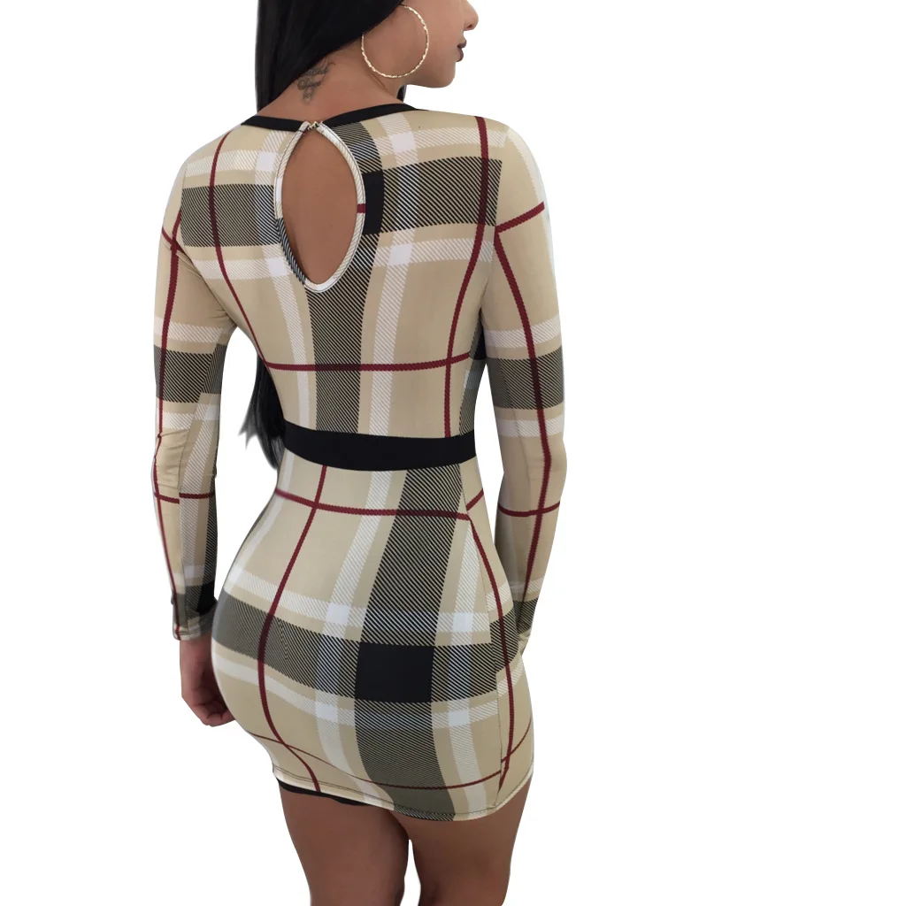 Женское джинсовое платье 2019 летнее с высокой талией длинным рукавом клетчатое