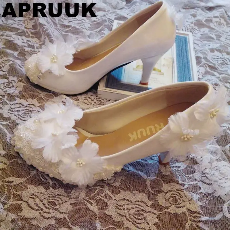 HANDMADE lace white wedding shoes women plus large sizes round toes FLOWERS brides bridal bridesmaid party dress | Обувь