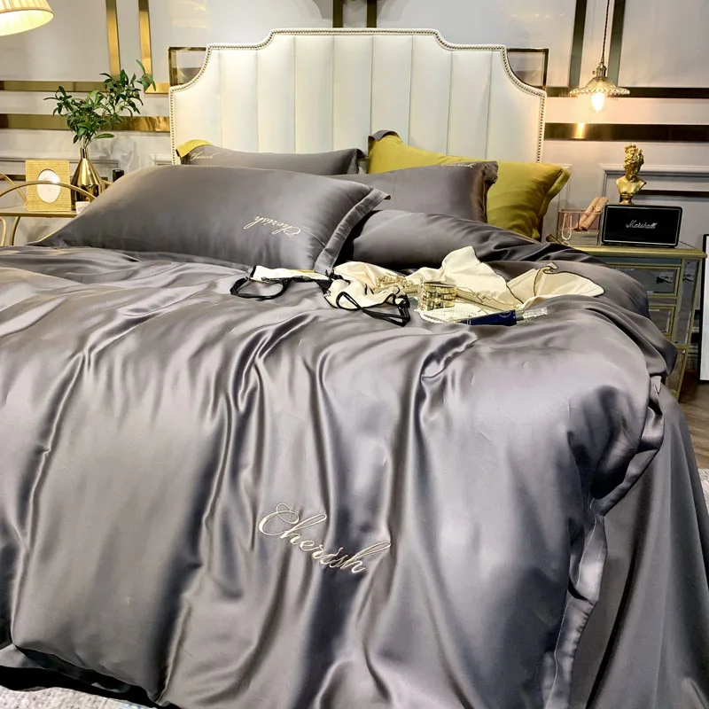 Белый фиолетовый розовый серый роскошный удобный 100S Tencel Шелковый набор постельного белья с вышивкой пододеяльник кровать застежки для простыни льняной чехол для подушки