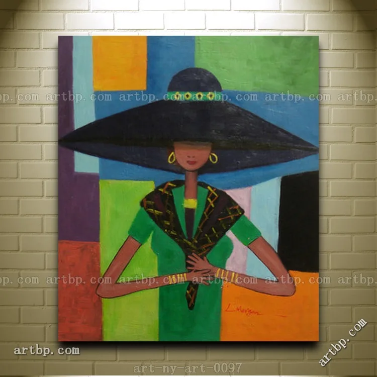 Современная картина маслом леди в зеленом платье и большая шляпа портрет ручная