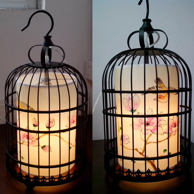 Wrought iron birdcage lamp creative new Chinese antique chandelier hotel restaurant works hand-painted lantern b |