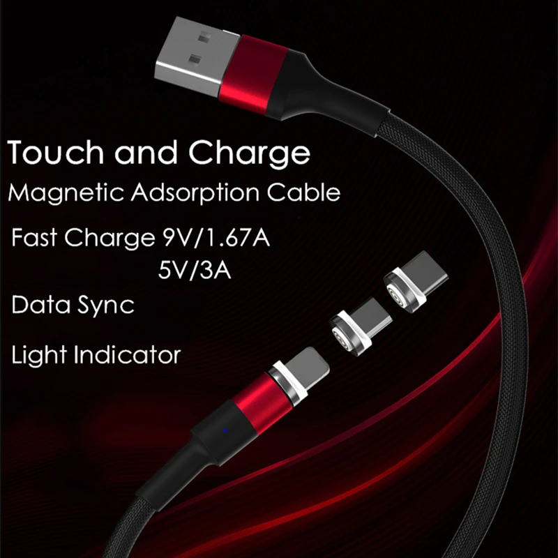 Магнитный кабель 5 В/3 А 9 В/1 67 В Оплетке со светодиодной подсветкой Тип C Micro USB для