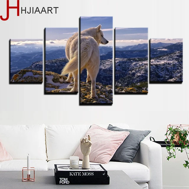 Framed White Wolf Canvas Art 5 Pieces Print Wall Paintings Prints on Oil Painting Poster Custom drop shipping | Дом и сад