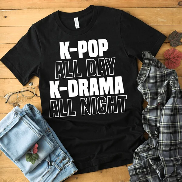 K-Pop All Day K-Drama All Night футболка Женская Корейская Южная Мода KPop Merch футболка хлопок короткий рукав топы - Цвет: black