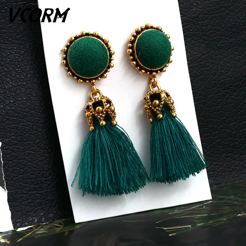 Green 5 VCORM, богемные серьги с кисточками и кристаллами, длинные висячие серьги для женщин, красный хлопок, шелк, ткань, бахрома, серьги, Модные женские ювелирные изделия - Окраска металла: Green 5
