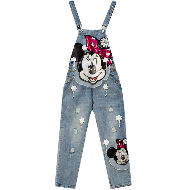 

Women Jeans Overalls 2018 New Spring Autumn Holes Students Denim Pants Cartoon Sequined Ankle-length Female Jumpsuits Rompers