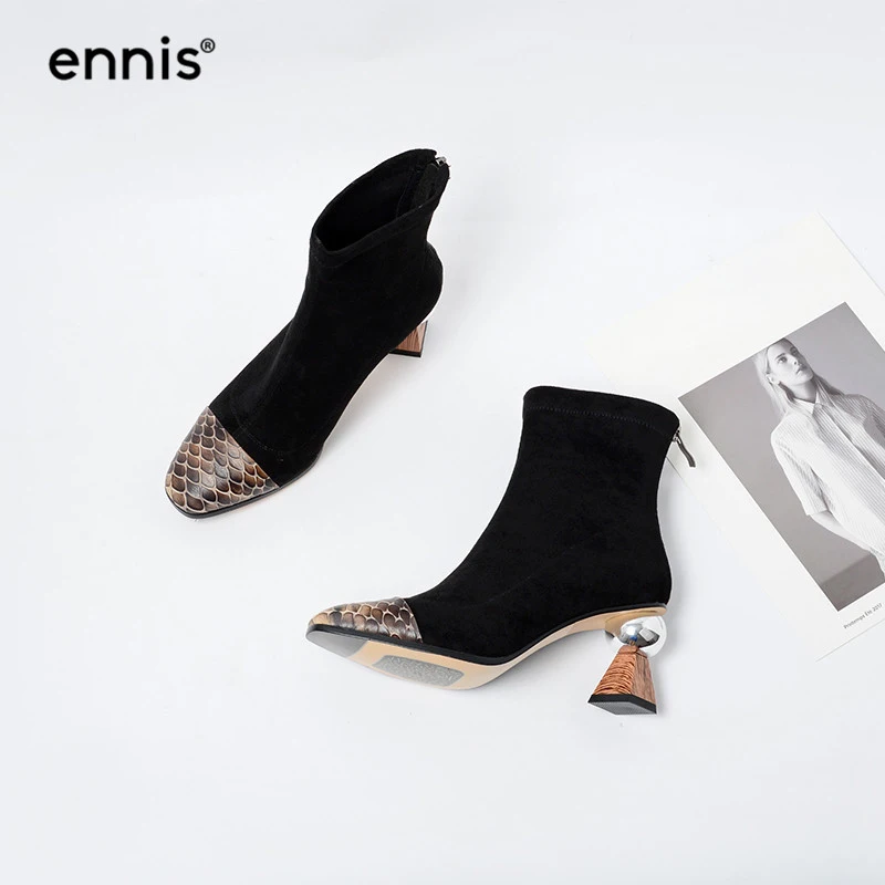 Black ENNIS/; необычные женские ботинки на высоком каблуке; ботильоны из натуральной кожи; обувь из флока с круглым носком и змеиным узором; модная обувь; ботинки; A9112 - Цвет: Black
