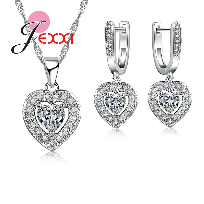 Romantic Women Wedding Birthday Gifts Luxury Rhinestone Big Crystal Jewelry Fashion Silver Heart Necklace Earrings Set | Украшения и