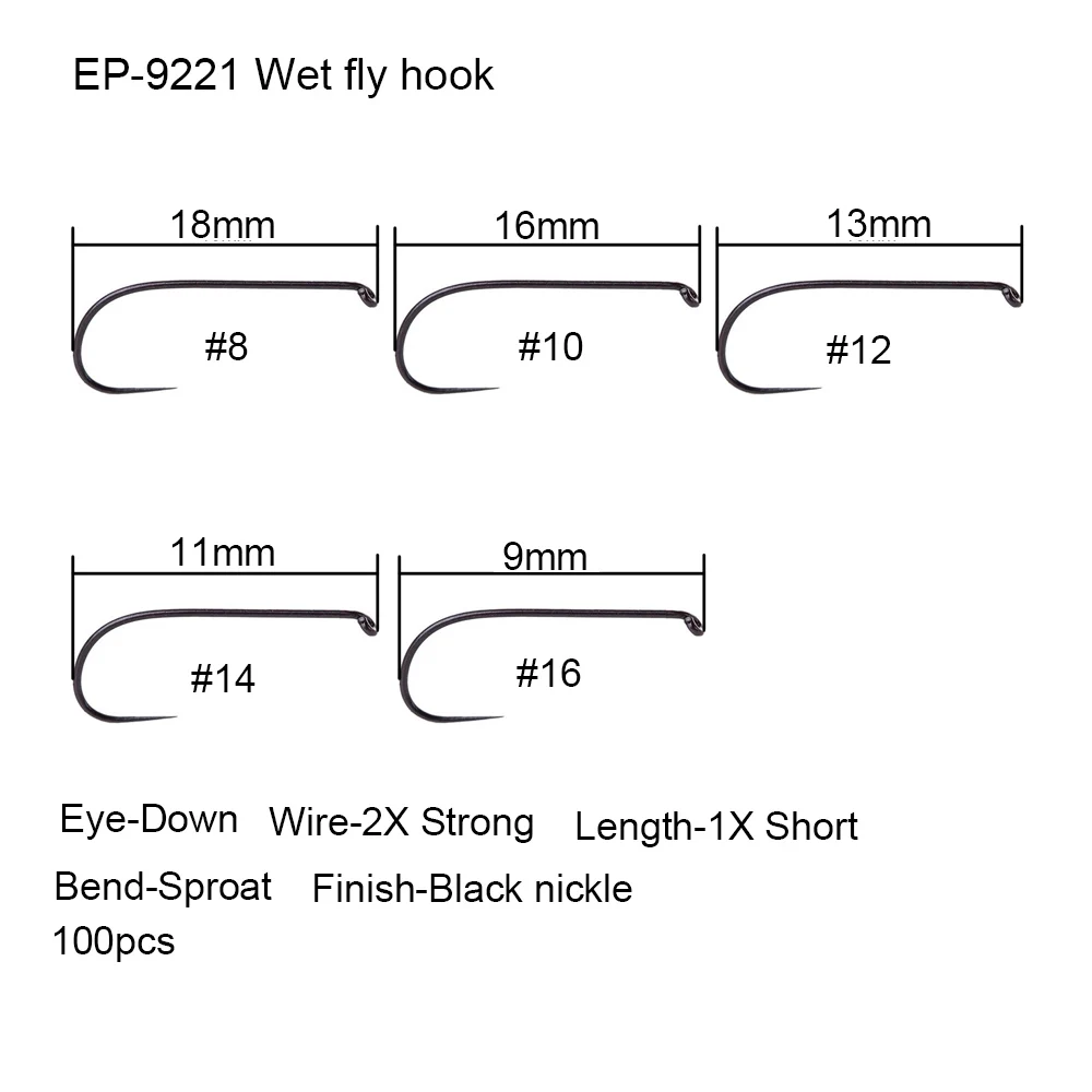 Wet fly hook 9221 Eupheng, 100 шт., рыболовный крючок для соревнований, для ловли нахлыстом, крючок для завязывания мух, рыболовный, сухой, Nymph Shirmp, мокрый, Caddis, крючок для ловли нахлыстом, черный никель - Цвет: Wet fly hook 9221