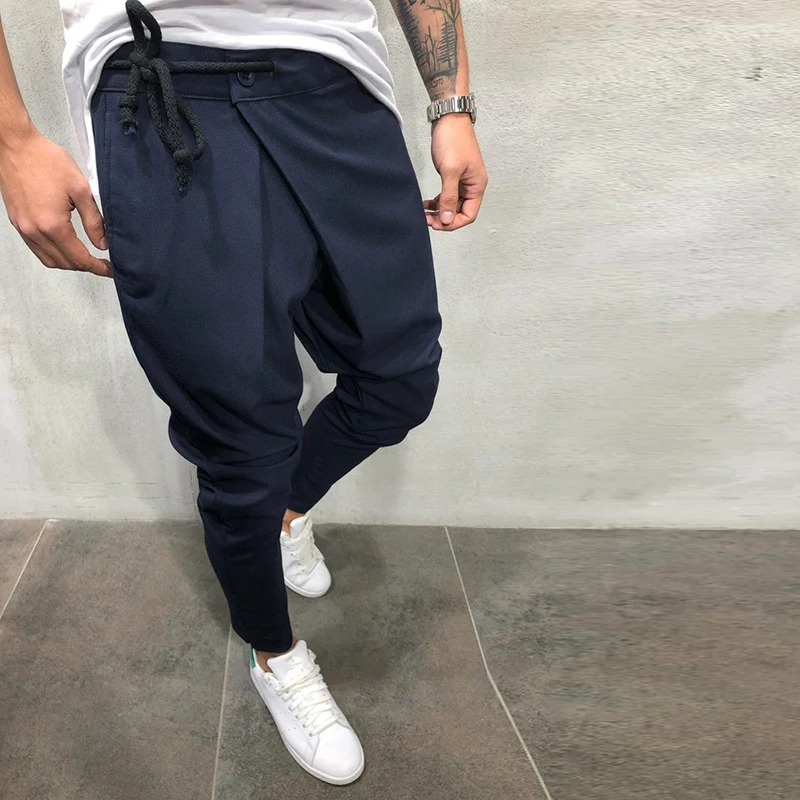 Men Long Casual Irregular Pants Gym Slim Trousers New Solid Running Joggers Gym Drawstring Sashes Long Sweatpants