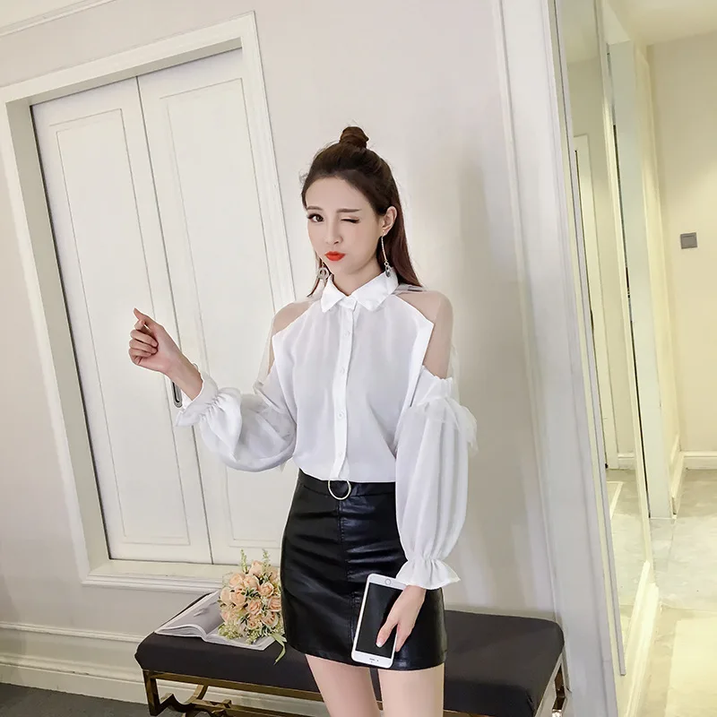 2018 spring Korean style office lady casual shirt perspective sexy solid long sleeves white blouse women fashion lace sleeve |