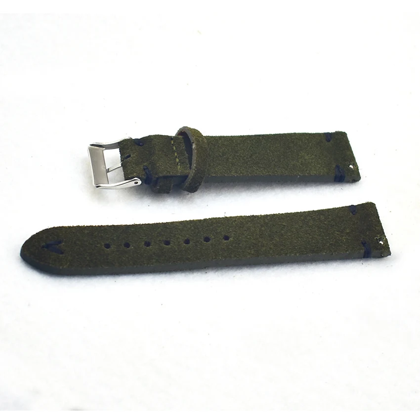 Onthelevel Genuine Leather Watch Band 18 20 22mm Dark Green with white black stitching Suede Leather Watch straps Quick release
