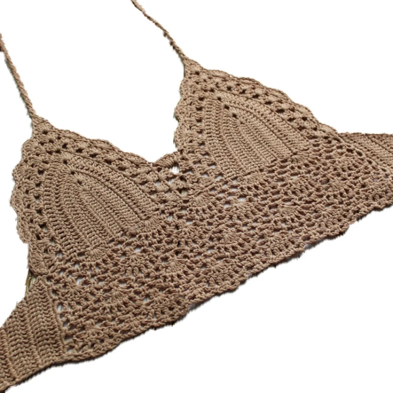 Knitting Halter Tank Top Sexy Women Deep V Crochet Bralette Bra Boho Beach Backless Cami Crop Top - Цвет: Хаки
