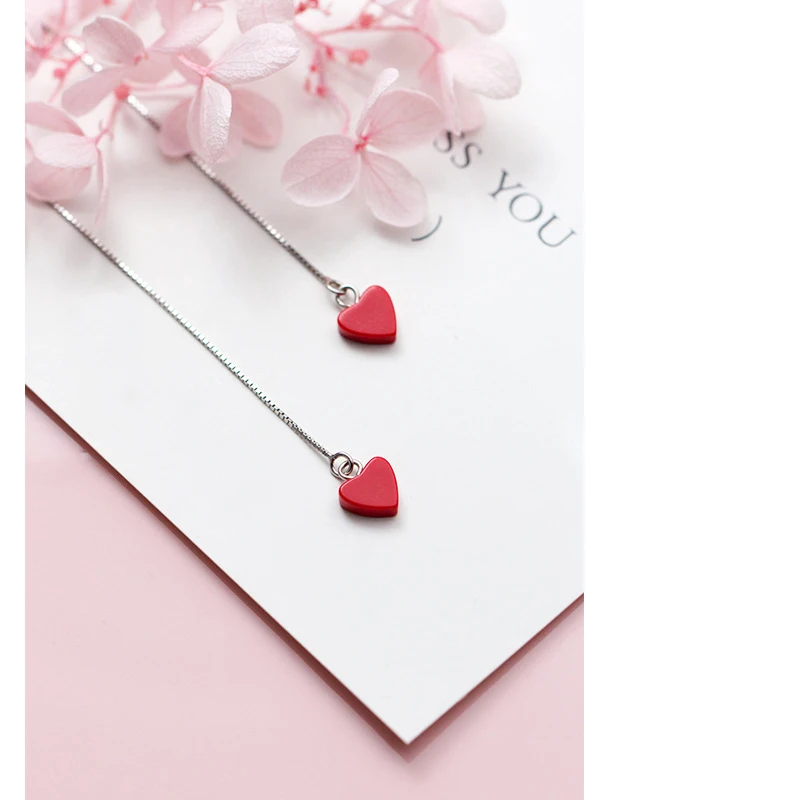 

MloveAcc Luxury Red Heart Earrings Jewelry 925 Silver Long Chain Earrings 925-Sterling-Silver Fashion High Quality Earrings