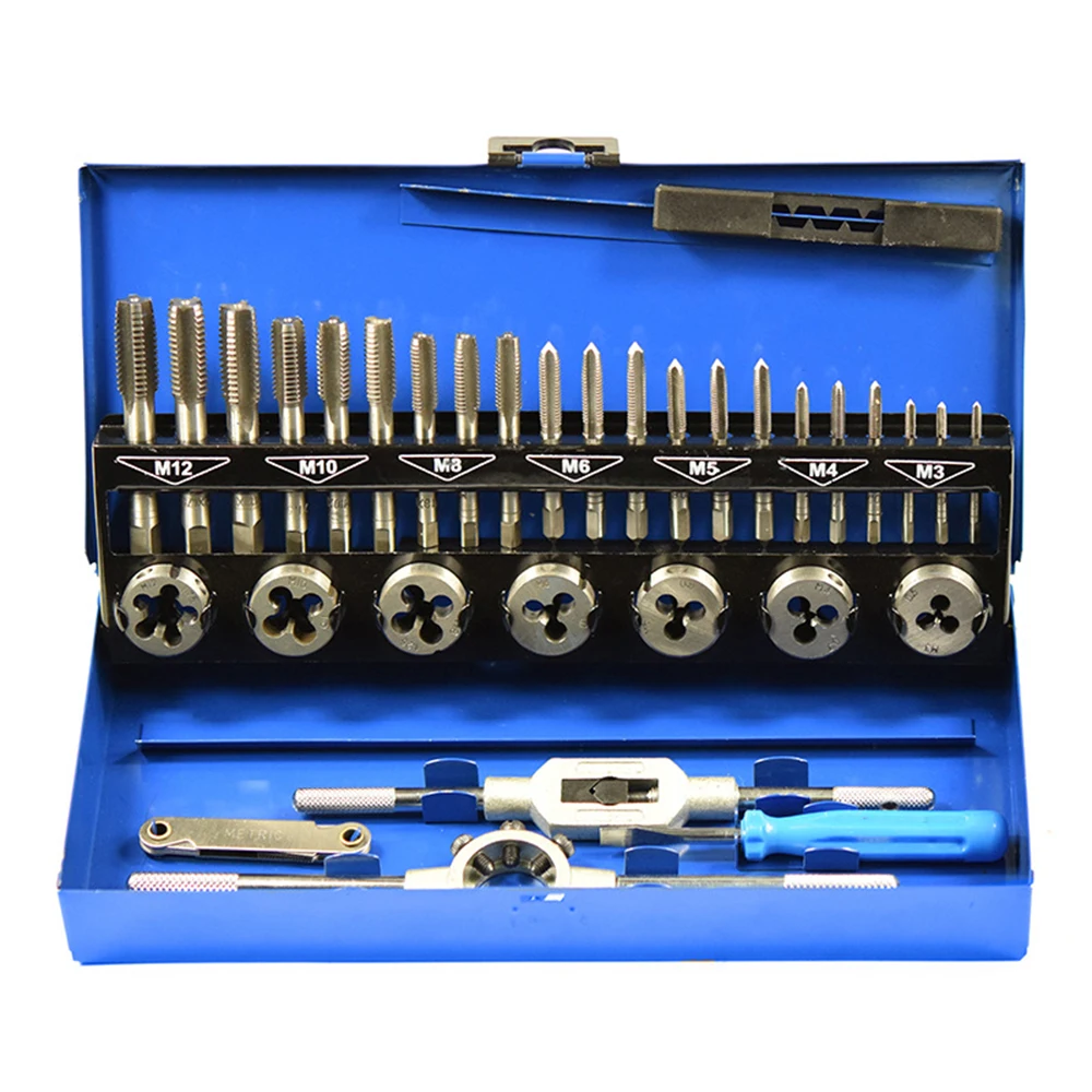 

Набор метчиков и штампов, 32 шт., гаечный ключ M4 ~ M12, резьбовые метрические заглушки, ручные метчики, набор инструментов для нарезания резьбы