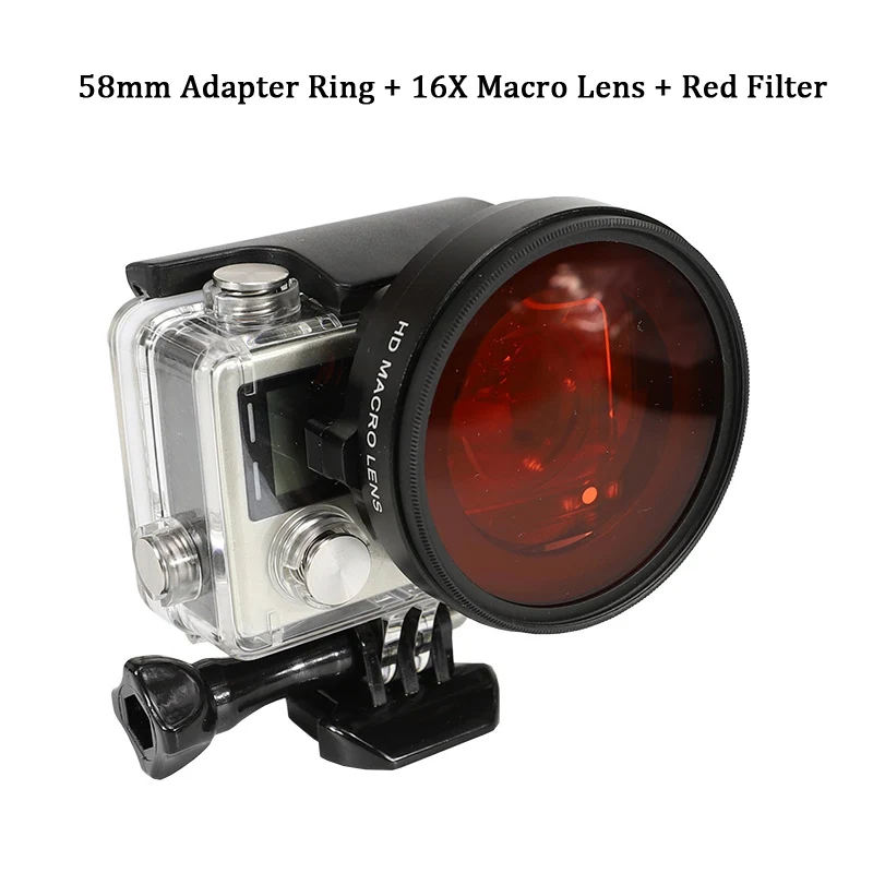 add 16X Macro Lens 58 мм красный фильтр+ 16X макрообъектив с переходным кольцом для GoPro Hero 4/3+ камера Подводный Водонепроницаемый чехол go pro Аксессуары - Цвет: add 16X Macro Lens