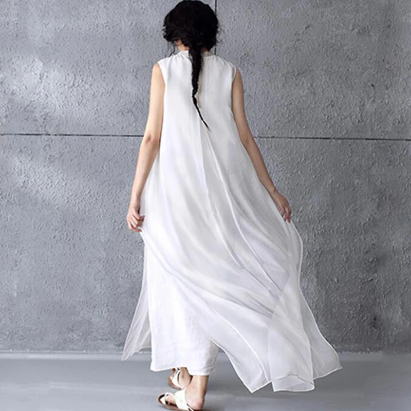 Женское винтажное льняное хлопковое платье с вышивкой летнее без рукавов