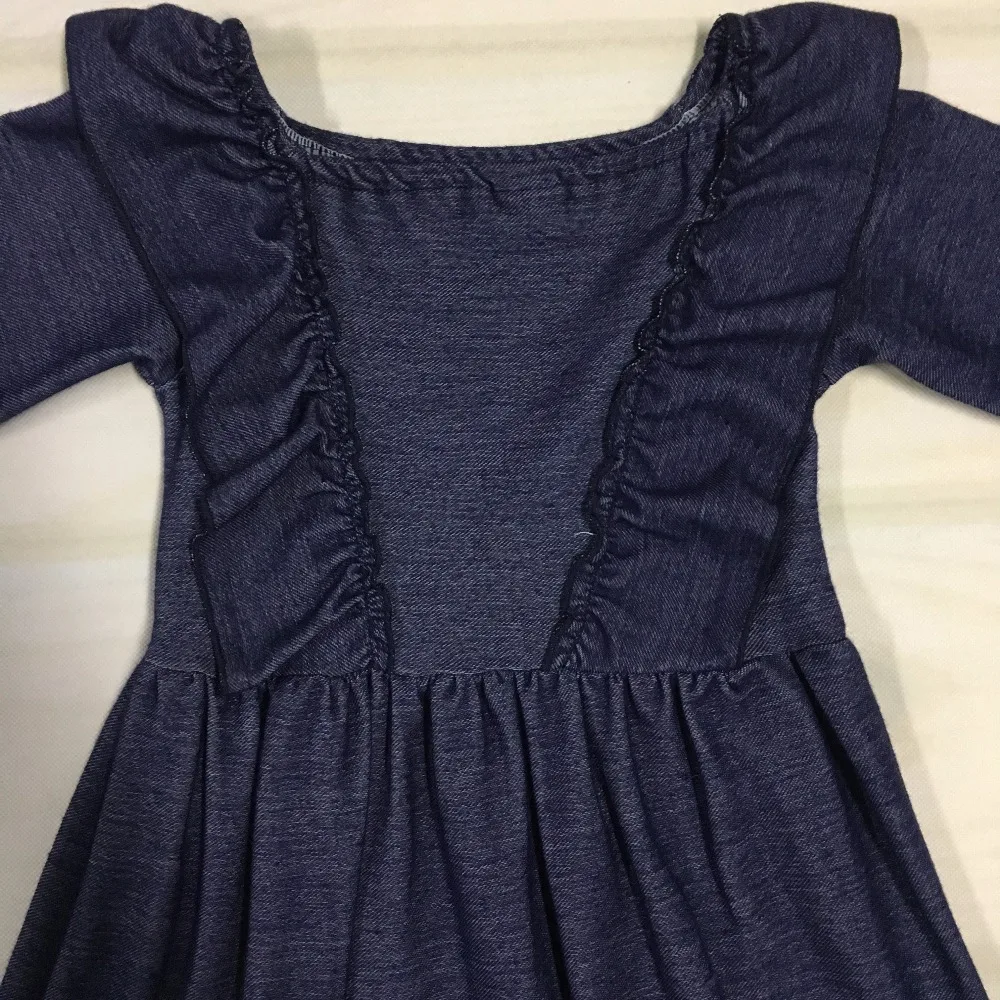 Оптовая продажа Хлопковое платье для маленьких девочек Джинсовая кружевная