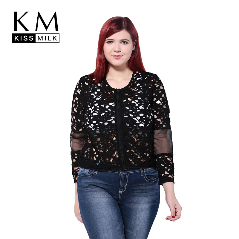 Kissmilk Plus Size Women Solid Color Hollow Out Jackets Long Sleeve Zipper Front Jacket Patchwork Mesh Crochet 3XL 5XL | Женская одежда