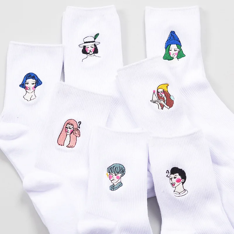 Корейские женские белые вышивка забавные носки Ретро тренд чистый цвет Юмор