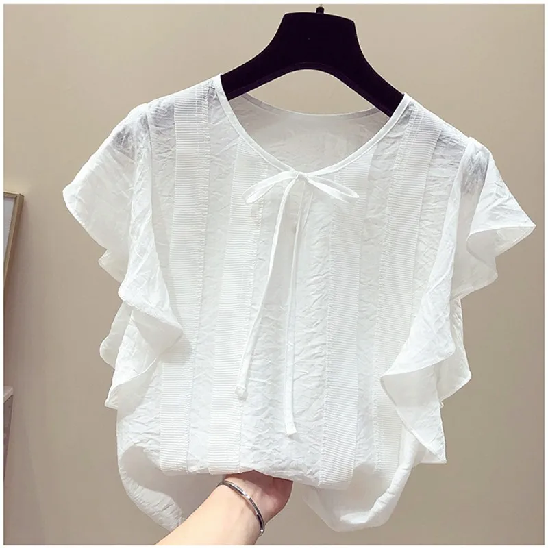 

2018 New summer Fashion Ruffled Collar Chiffon Shirt Blouse Hollow Out Half Puff Sleeve Casual Shirts All-matched Tops