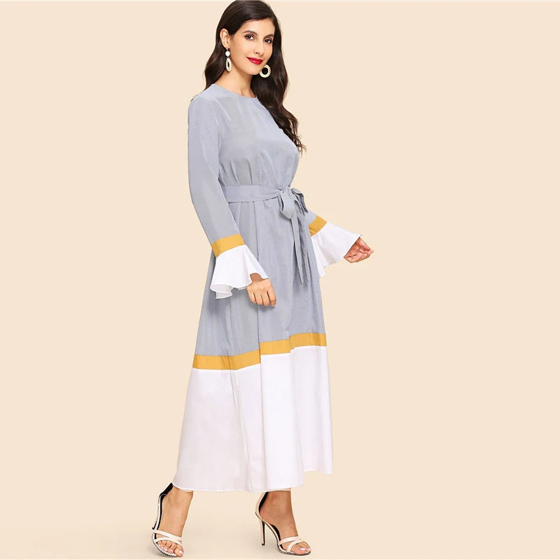 SHEIN Контрастное Платье С Поясом И Оригинальным Рукавом Женские Весенние Многоцветные Модные Платья С Длинными Рукавами И Оборками