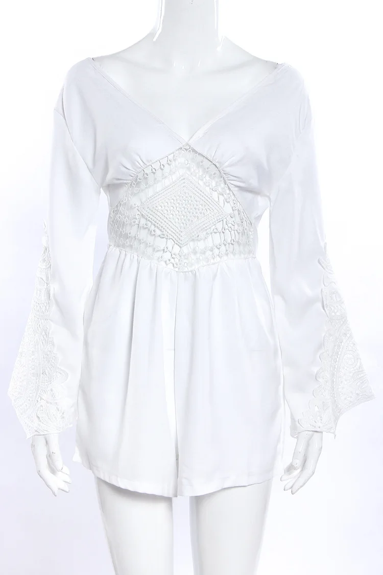 

Sexy Backless Cotton Summer Playsuit Long Sleeve Lace Collar Elegant Jumpsuit Deep V-neck Romper