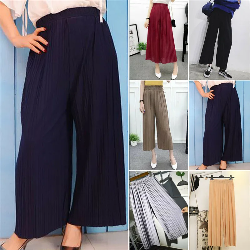 Летние плиссированные шифоновые однотонные длинные широкие брюки эластичные с