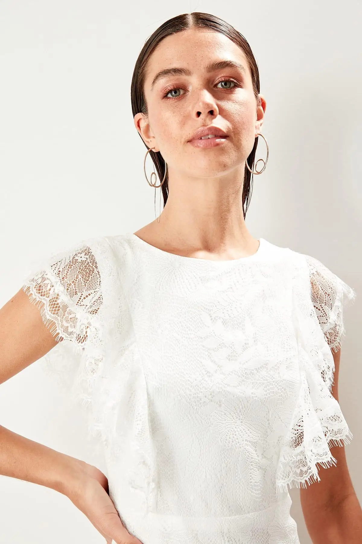 Trendyol экрю кружевное платье TPRSS19BB0368|Женские платья| |