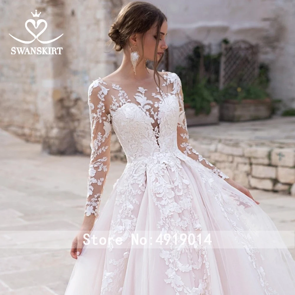 Swanskirt модное свадебное платье с аппликацией 2020 круглым вырезом длинным рукавом а