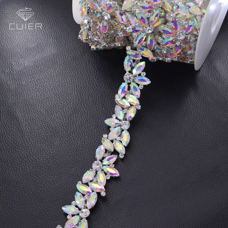 

CuiEr 1yard Wedding dress belt sash Sewing Rhinestones Glass Silver Trimming flower Appliques Clothing accessories HF-3406