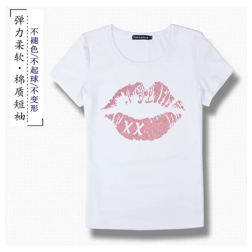 WhiteXXRedLip Летняя женская футболка с изображением губ, с круглым вырезом, с коротким рукавом, с отделкой бисером, сексуальные футболки, повседневные Топы XXXL - Цвет: WhiteXXRedLip