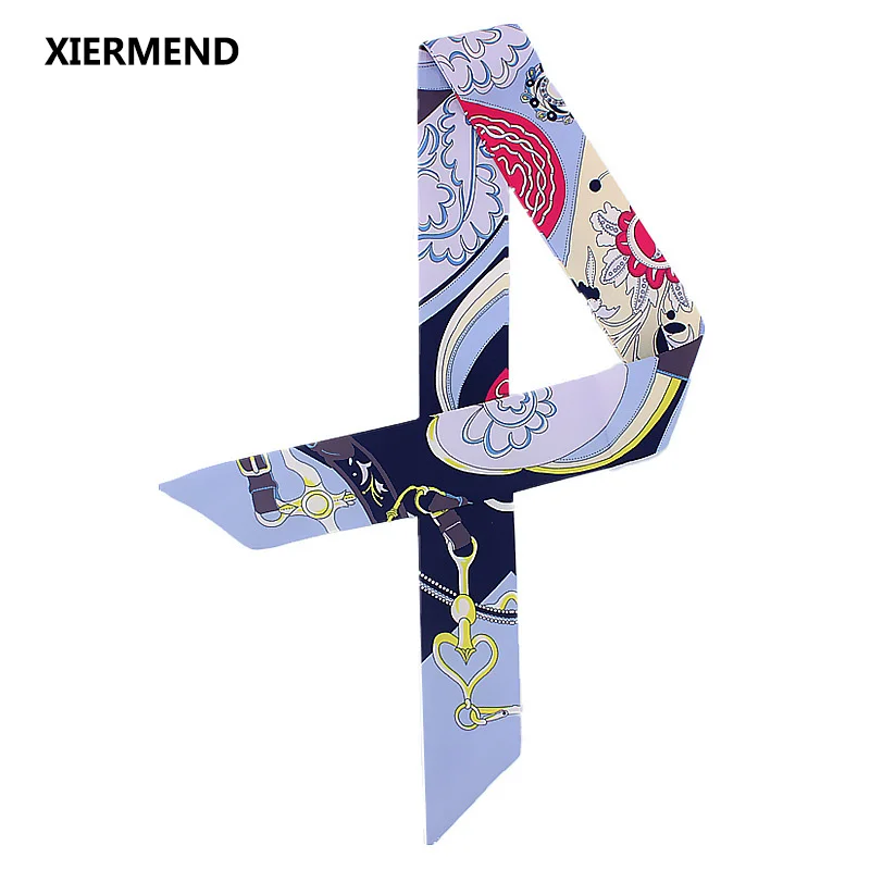 

2018 Summer new sun print amazing silk narrow long scarf female tied bag handle ribbon hair band head skinny scarves