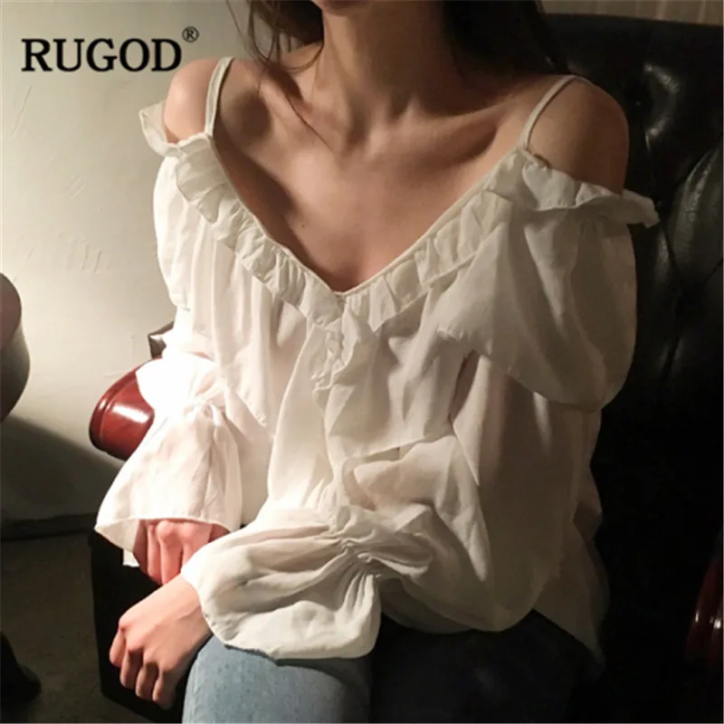 RUGOD v шеи с открытыми плечами женские блузки гофрированные расклешенные рукава
